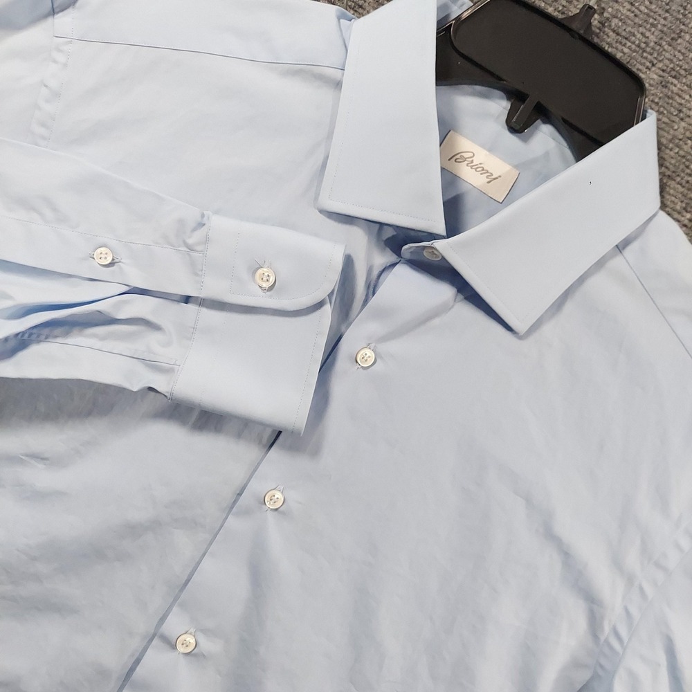 Brioni Shirt Mens XL 17 43 Blue Solid Long Sleeve Dress Button Up Cotton Italy